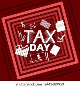 Tax Day event banner. Bold text with various element icons in frame on dark red background to commemorate on April