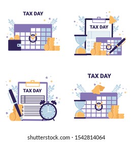 Tax Day flat vector concept icons illustrations. Calendar, coins, clipboard, pen, clock, purse. 