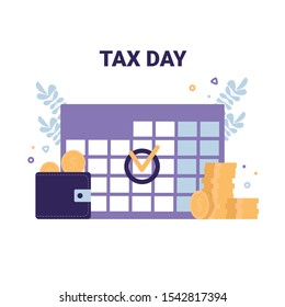 Tax Day flat vector icons illustration modern concept. Calendar, purse and coins symbols.