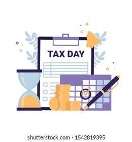 Tax Day flat vector icons illustration concept. Clipboard Tax form, hourglass time is up, calendar mark, coins money, bell notification.