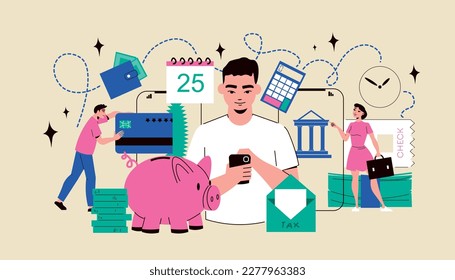 Tax day form composition with man holding smartphone piggy bank tax letters payment and banking icons vector illustration