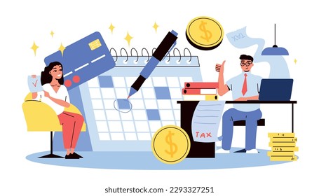 Tax day form composition with tabletop calendar pen marks coins credit card and characters of people vector illustration