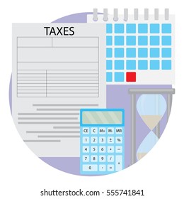 Tax day icon. Report tax budget, payment to government, hourglass and calendar, vector illustration