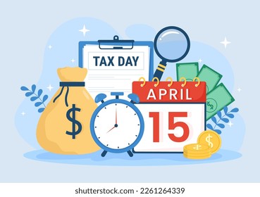 Tax Day Illustration with Clipboard Form, Clock, Calendar and Coins Money for Web Banner or Landing Page in Flat Cartoon Hand Drawn Templates