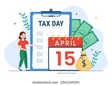 Tax Day Illustration with Clipboard Form, Clock, Calendar and Coins Money for Web Banner or Landing Page in Flat Cartoon Hand Drawn Templates