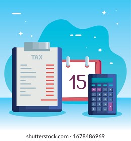 tax day poster with calculator and icons vector illustration design