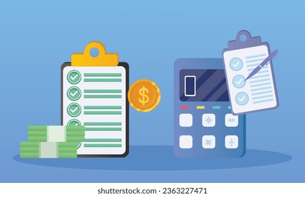 tax day poster with calculator and icons.on blue background.Vector Design Illustration.