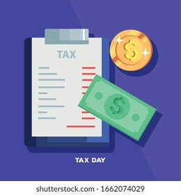 tax day poster with document and cash vector illustration design