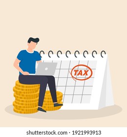 Tax Day Reminder Concept. Businessman submit tax by online concept, online tax payment and report. Business income. Vector illustration.