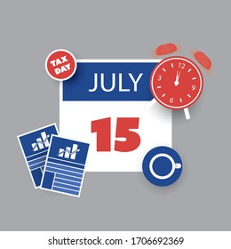 Tax Day Reminder Concept - Calendar Design Template - USA Tax Deadline, New Extended Date For IRS Federal Income Tax Returns: 15 July 2020
