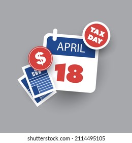 Tax Day Reminder Concept - Calendar Design Template - USA Tax Deadline, Date for IRS Federal Income Tax Returns: 18th April 2023