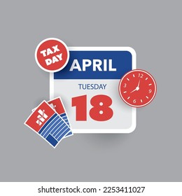 Tax Day Reminder Concept - Calendar Design Template - USA Tax Deadline, Due Date for IRS Federal Income Tax Returns:18th April, Year 2023