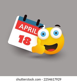 Tax Day Reminder Concept - Calendar Design Template with Smiling Satisfied Happy Emoji - USA Tax Deadline, Due Date for IRS Federal Income Tax Returns: 18th April, Year 2023