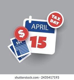 Tax Day Reminder Concept - Calendar Page, Vector Element Template with Dollar Sign and Charts Design - USA Tax Deadline, Due Date for IRS Federal Income Tax Returns: 15th April, Year 2024