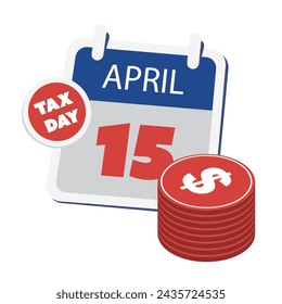 Tax Day Reminder Concept, Calendar Page, Dollar Sign, Vector Design  Element Template Isolated on White Background - USA Tax Deadline, Due Date for IRS Federal Income Tax Returns 15th April, Year 2024