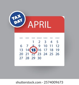 Tax Day Reminder Concept, Calendar Page with Clock - Vector Design  Element Template on Gray Background - USA Tax Deadline, Due Date for IRS Federal Income Tax Returns: 15th April, Year 2025