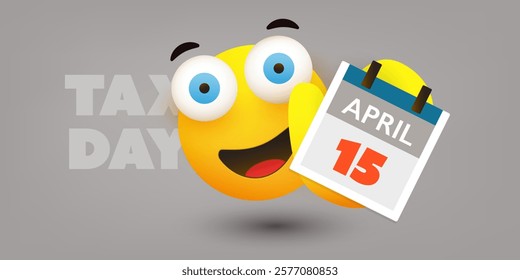 Tax Day Reminder Concept Design, Vector Template with Happy Smiling Emoji Showing a Calendar Page - Day of USA Tax Deadline, Due Date for IRS Federal Income Tax Returns: Tuesday 15th April, Year 2025