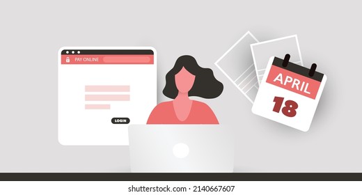 Tax Day Reminder Concept - Using Internet, App, Web Site for Federal Income Tax Document Returns - Woman Behind a Laptop - USA Tax Deadline, Due Date: 18th April 2023