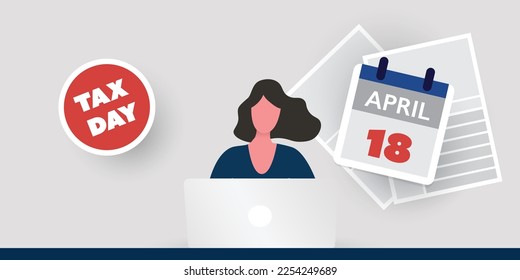 Tax Day Reminder Concept - Using Internet, App, Web Site for Federal Income Tax Document Returns - Woman Behind a Laptop - USA Tax Deadline, Due Date:18th April, Year 2023