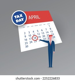 Concepto de vectores de recordatorio de Día de Impuestos - Plantilla de diseño de calendario - Fecha límite de impuestos de EE.UU., Fecha de vencimiento para las devoluciones de impuestos federales de ingresos de IRS: 18 de abril de 2023