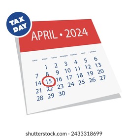 Tax Day Reminder Vector Template Isolated on White Background - Design Element with Marked Payday - USA Tax Deadline Concept, Due Date for IRS Federal Income Tax Returns: 15th April 2024