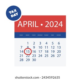 Steuertag-Erinnerung Vektor-Vorlage isoliert auf weißem Hintergrund - Gestaltungselement mit markiertem Zahltag - USA Tax Deadline Concept, Fälligkeitsdatum für IRS Federal Income Tax Return: 15. April 2024