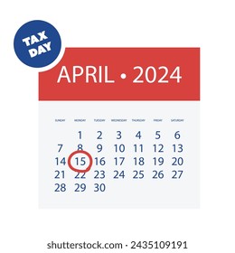 Steuertag-Erinnerung Vektor-Vorlage isoliert auf weißem Hintergrund - Gestaltungselement mit markiertem Zahltag - USA Tax Deadline Concept, Fälligkeitsdatum für IRS Federal Income Tax Return: 15. April 2024