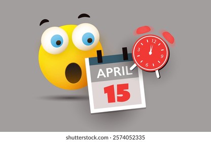 Tax Day Reminder, Warning Concept with Surprised Emoticon and Ringing Clock - Calendar Design Template - USA Tax Deadline, Due Date for IRS Federal Income Tax Returns: 15 April 2025