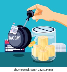 tax day with saving jar and set icons