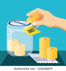 tax day with saving jar and set icons