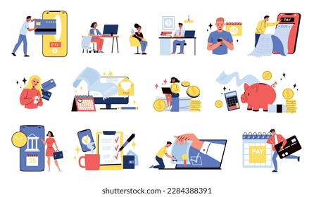 Tax day set with isolated compositions of money icons gadgets to do lists and human characters vector illustration