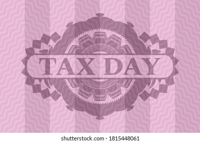 texto del día de impuestos dentro del emblema rosa ondulado realista. Curva el delicado fondo. Ilustración artística. 