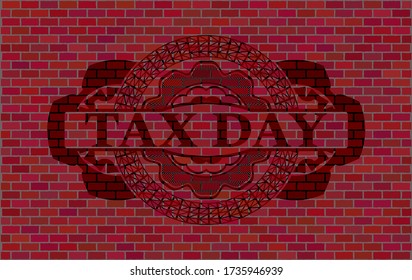 tax day text inside red brick stone wall badge. Tiles classic background. Illustration. 