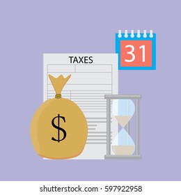 Tax day vector concept. Hourglass and money, account tax illustration