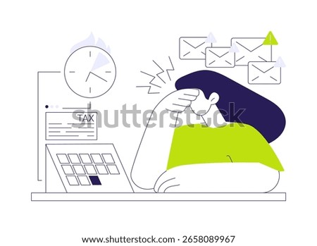 Tax deadline abstract concept vector illustration. Sad businesswoman deals with annual return last date, fiscal year, overdue deadline, financial report problem, money revenue abstract metaphor.