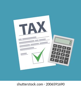 Declaración de impuestos con marca de verificación y calculadora aprobada. Ilustración vectorial.