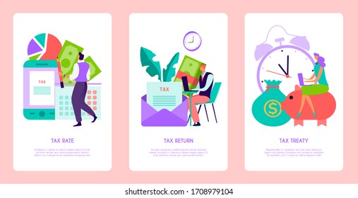 Tax declaration concept, budget planning and financial banking, tiny people banner, vector illustration. Mobile app template, bill payment and money calculation. Salary income, business management set