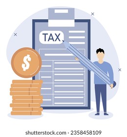 Concepto de declaración de impuestos. El personaje está junto al formulario de impuestos y lo rellena. Ilustración vectorial.