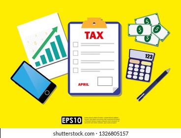 Tax declaration concept. Illustration vector of tax form, clipboard, calculator, smartphone, pen, money, financial document on yellow background.