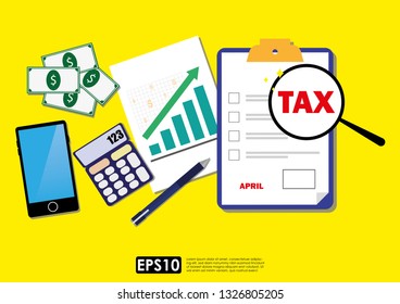 Tax declaration concept. Illustration vector of magnifying glass, tax form, clipboard, calculator, smartphone, pen, money, financial document on yellow background.