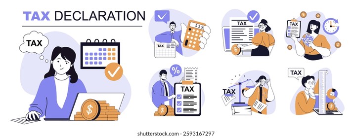 Tax declaration concept set in flat web design. People in isolated scenes calculating income earning, preparing documents for online payments, filling declaration form online. Vector illustrations.