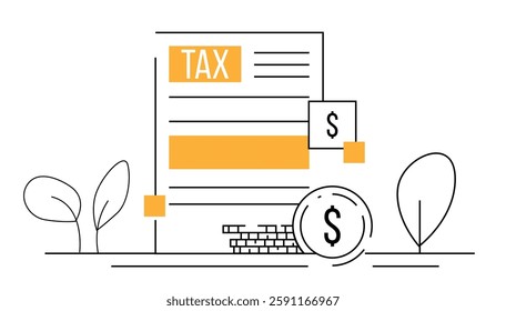 Tax Declaration Form with Coins Line Art. Banking, paying taxes and managing finances concept vector art