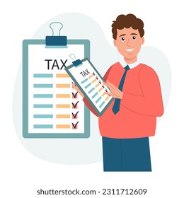 Tax declaration illustration. Character male preparing documents for tax calculation, making income tax return and calculating business invoices. Taxation concept. Vector.