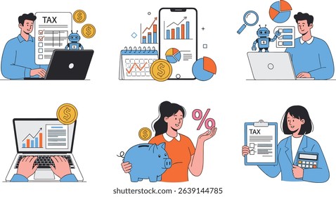 Tax declaration illustration set. Characters preparing documents for tax calculation, making income tax return and calculating business invoices. Taxation concept. 