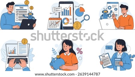 Tax declaration illustration set. Characters preparing documents for tax calculation, making income tax return and calculating business invoices. Taxation concept. 