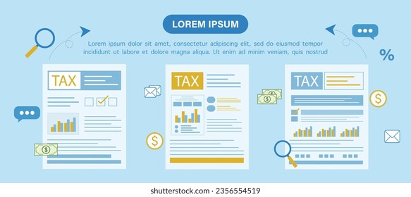 conjunto de ilustraciones de declaración de impuestos. documentos para el cálculo de impuestos, la devolución del impuesto sobre la renta y el cálculo de facturas comerciales. Concepto tributario. Ilustración vectorial.
