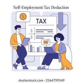 Tax Deduction concept. Freelancers managing finances with self-employment tax deduction guidance. Efficient budgeting, expense tracking, and tax planning. Vector illustration.