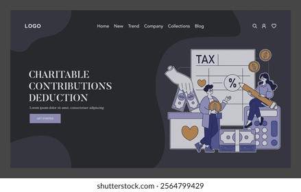 Tax deduction concept. Illustration portrays individuals engaging in charitable contributions for tax benefits. Filing taxes, donating money, calculating savings. Vector illustration.