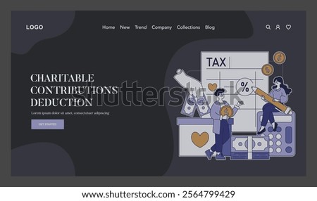 Tax deduction concept. Illustration portrays individuals engaging in charitable contributions for tax benefits. Filing taxes, donating money, calculating savings. Vector illustration.