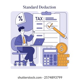 Tax Deduction concept. A person calculating standard tax deductions, with documents, calculator, and coin stack. Efficient tax planning and saving strategy. Vector illustration.